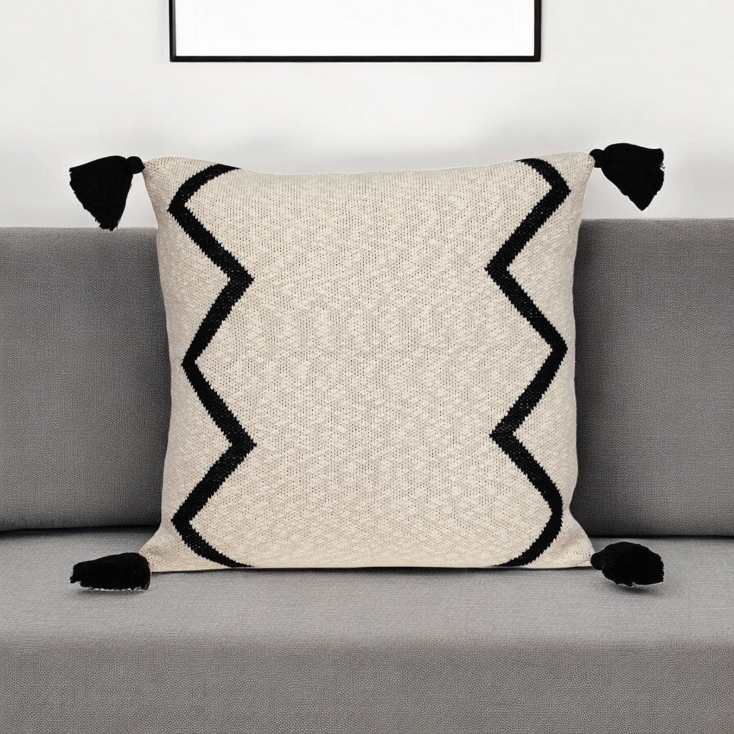 20" x 20" Black and Cream Zigzag Pattern Square Accent Throw Pillow with Tassel FurniFindUSA