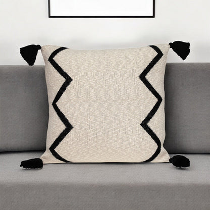 20" x 20" Black and Cream Zigzag Pattern Square Accent Throw Pillow with Tassel FurniFindUSA