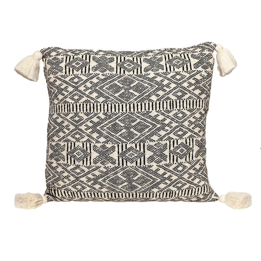 20" x 20" Black and Cream Bohemian Pattern Square Accent Throw Pillow with Tassel FurniFindUSA