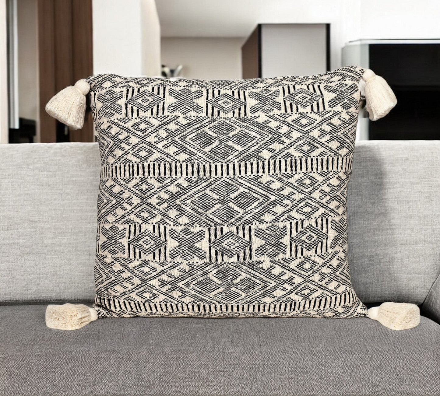 20" x 20" Black and Cream Bohemian Pattern Square Accent Throw Pillow with Tassel FurniFindUSA