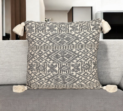 20" x 20" Black and Cream Bohemian Pattern Square Accent Throw Pillow with Tassel FurniFindUSA