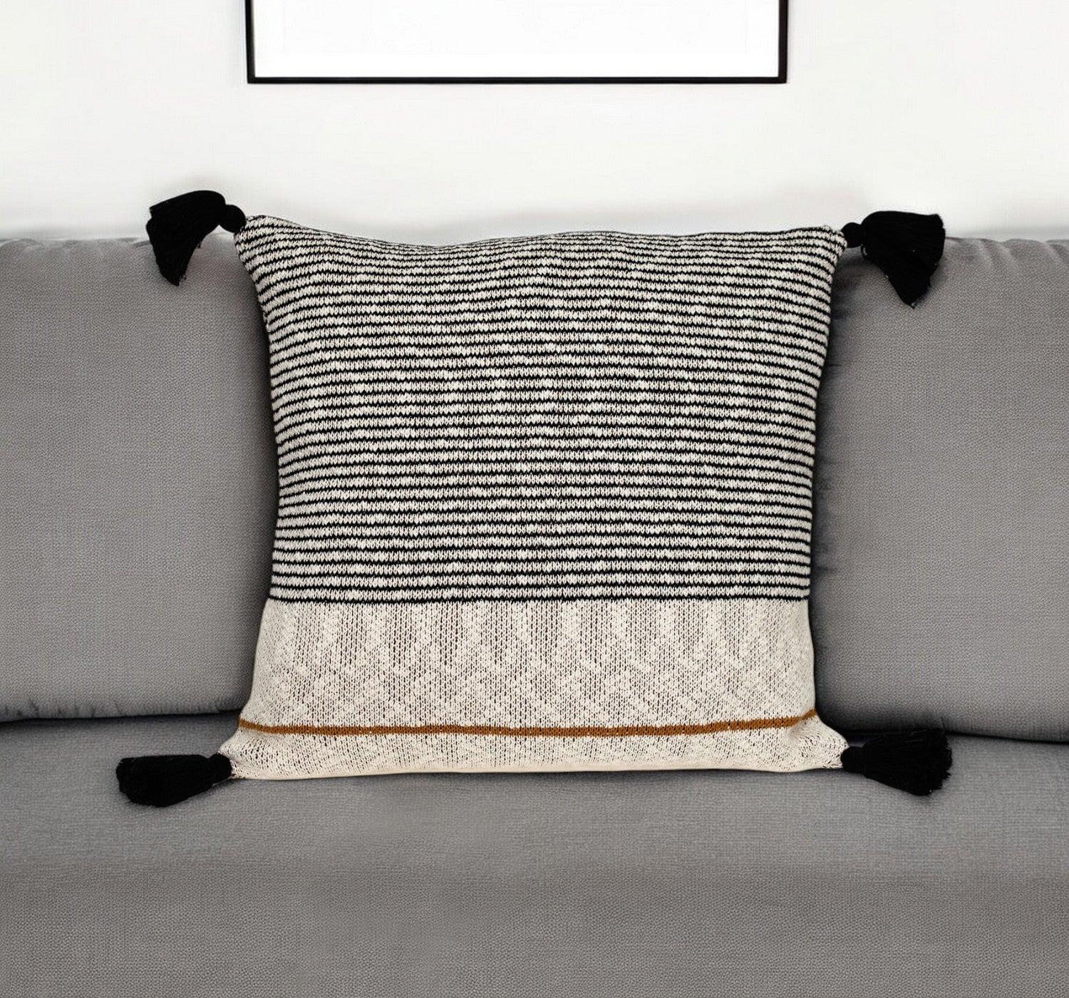 20" x 20" Beige Stripe Pattern Square Accent Throw Pillow with Tassel FurniFindUSA