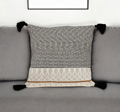 20" x 20" Beige Stripe Pattern Square Accent Throw Pillow with Tassel FurniFindUSA