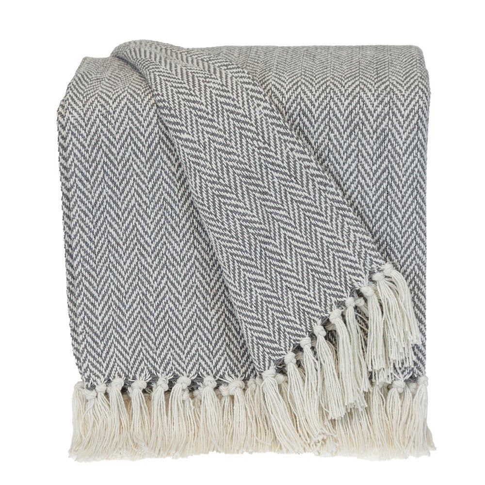 Handloomed Light Gray Cotton Throw Blanket with Tassels — view 1