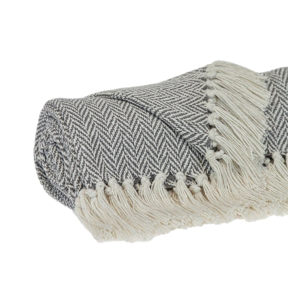 Handloomed Light Gray Cotton Throw Blanket with Tassels — view 3