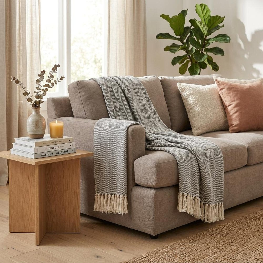 Handloomed Light Gray Cotton Throw Blanket with Tassels — view 7