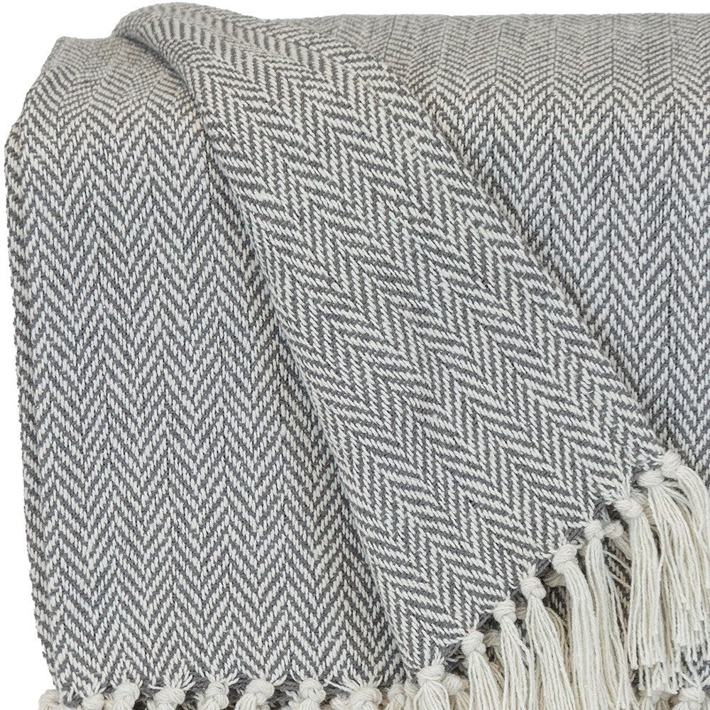 Handloomed Light Gray Cotton Throw Blanket with Tassels — view 6