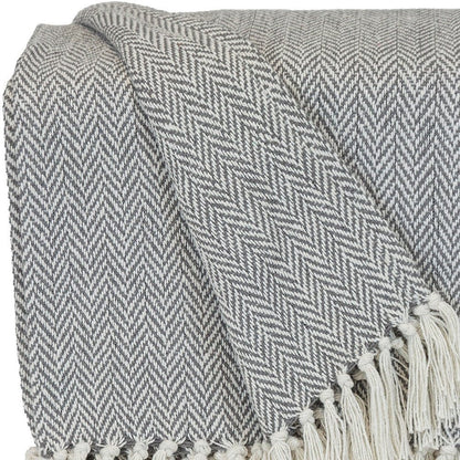 Handloomed Light Gray Cotton Throw Blanket with Tassels HomeRoots