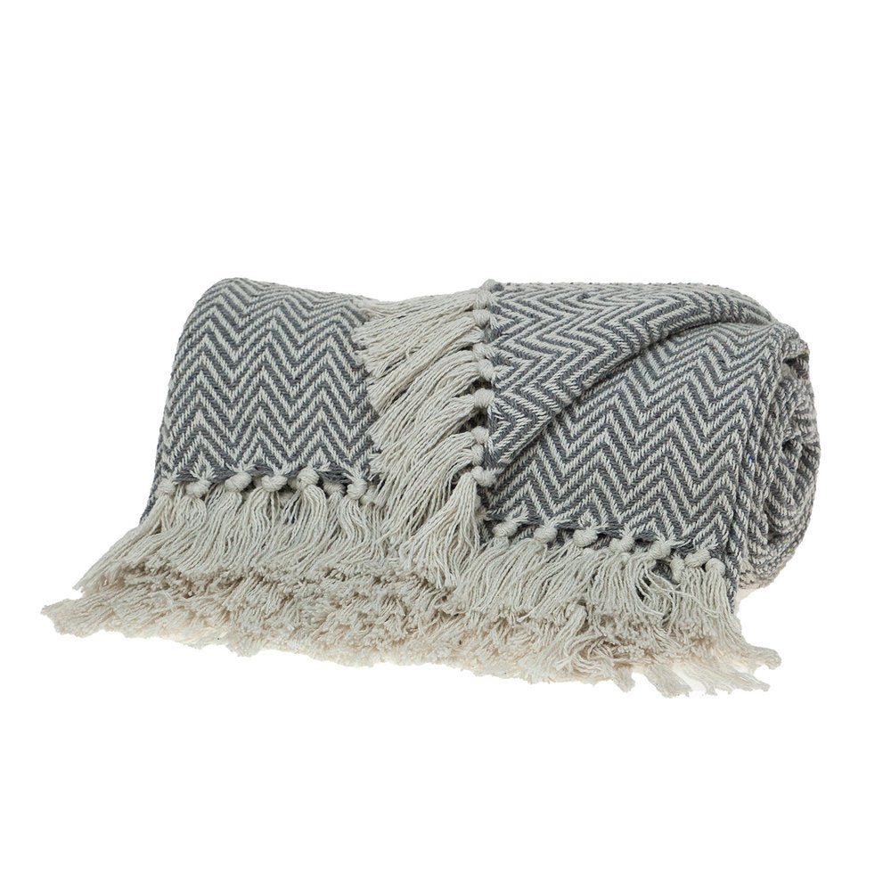 Handloomed Dark Gray Cotton Throw Blanket with Tassels — view 2