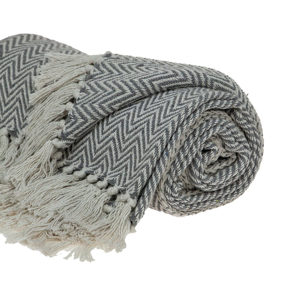 Handloomed Dark Gray Cotton Throw Blanket with Tassels — view 3