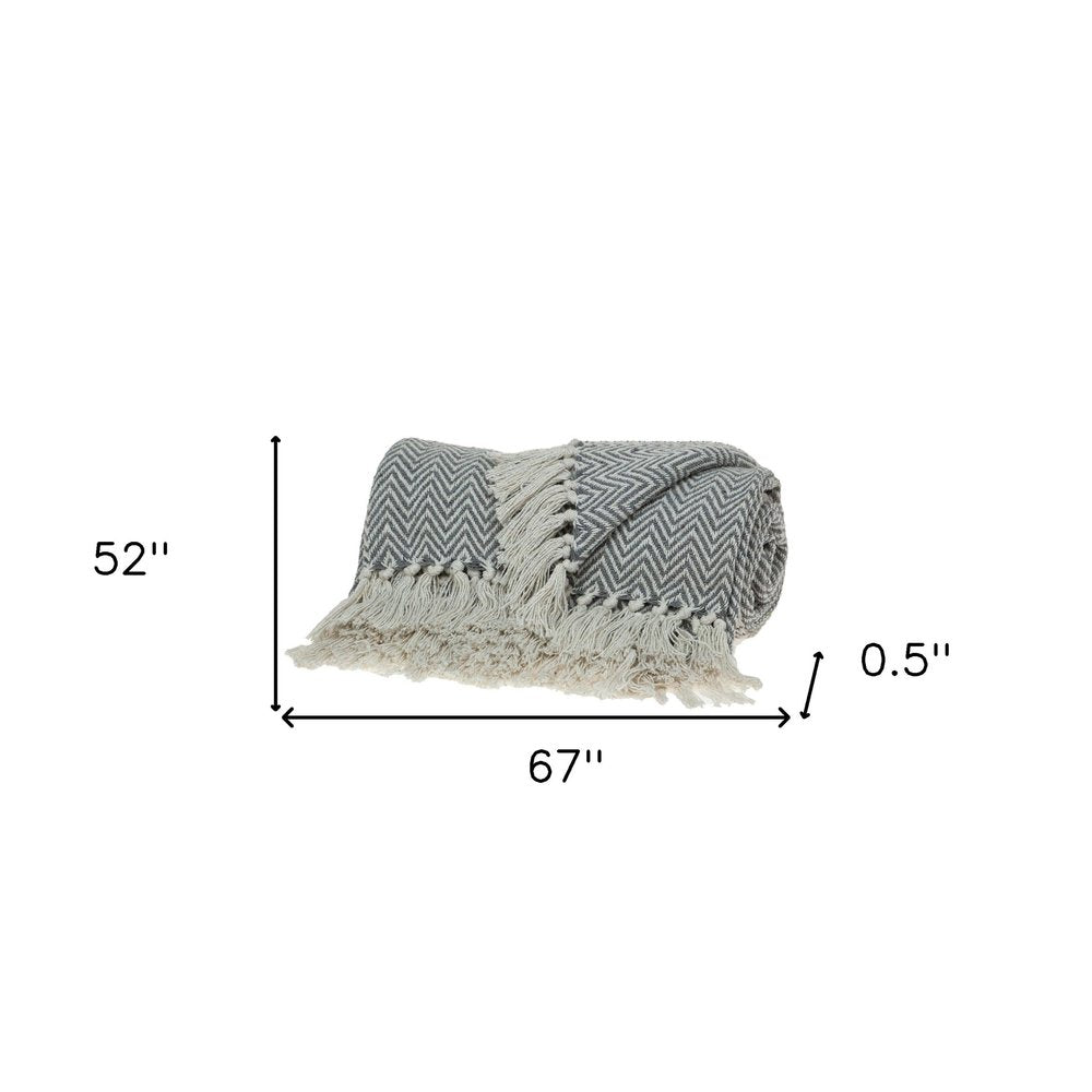 Handloomed Dark Gray Cotton Throw Blanket with Tassels — view 4