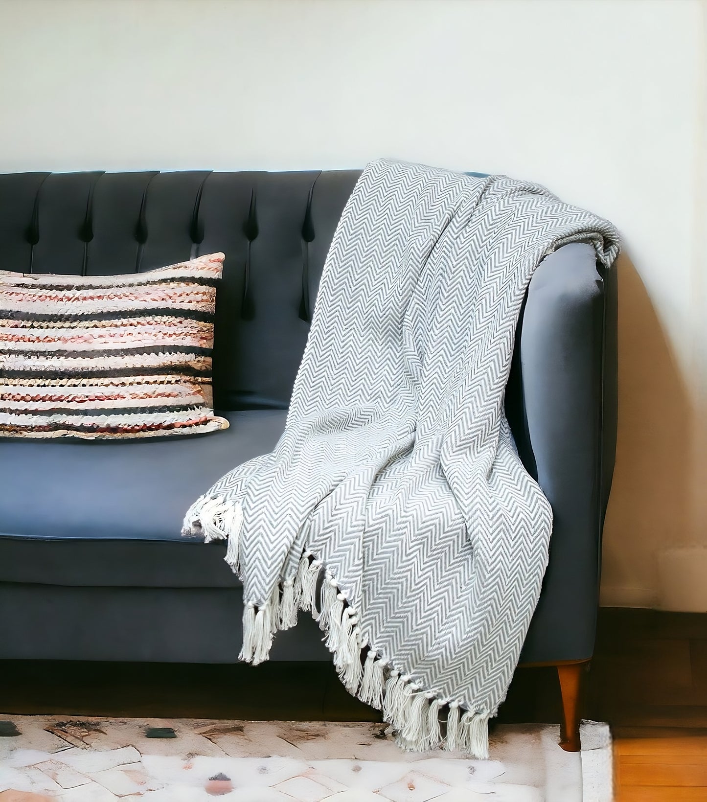 Handloomed Dark Gray Cotton Throw Blanket with Tassels