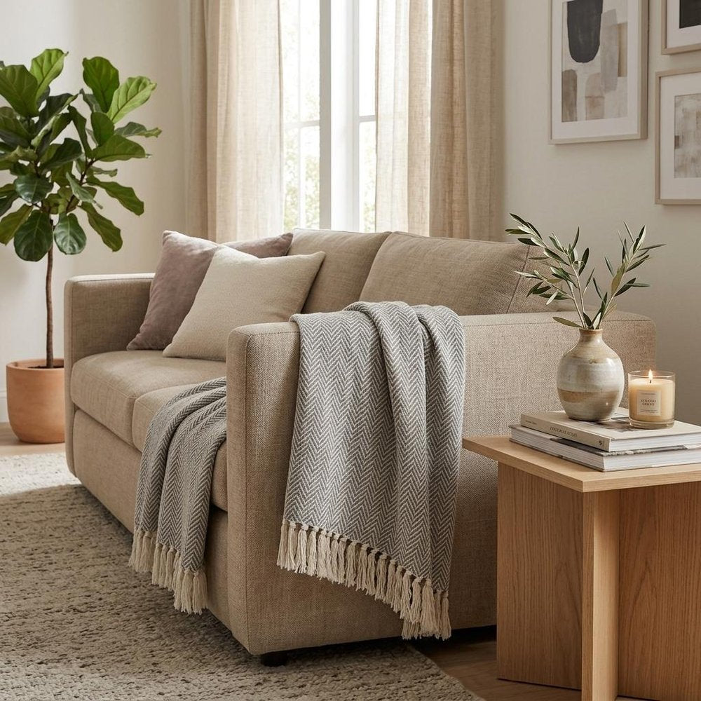 Handloomed Dark Gray Cotton Throw Blanket with Tassels — view 7