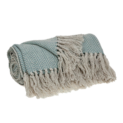 Handloomed Pale Aqua Cotton Throw Blanket with Tassels