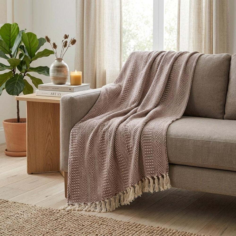 Brown and Beige Woven Herringbone Handloomed Throw HomeRoots