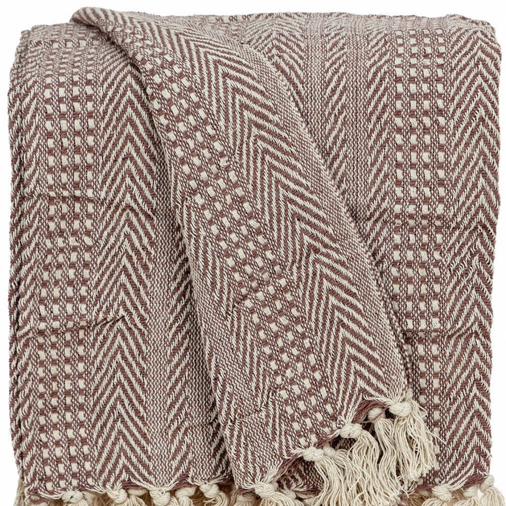 Brown and Beige Woven Herringbone Handloomed Throw HomeRoots
