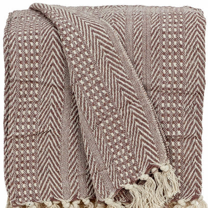Brown and Beige Woven Herringbone Handloomed Throw HomeRoots