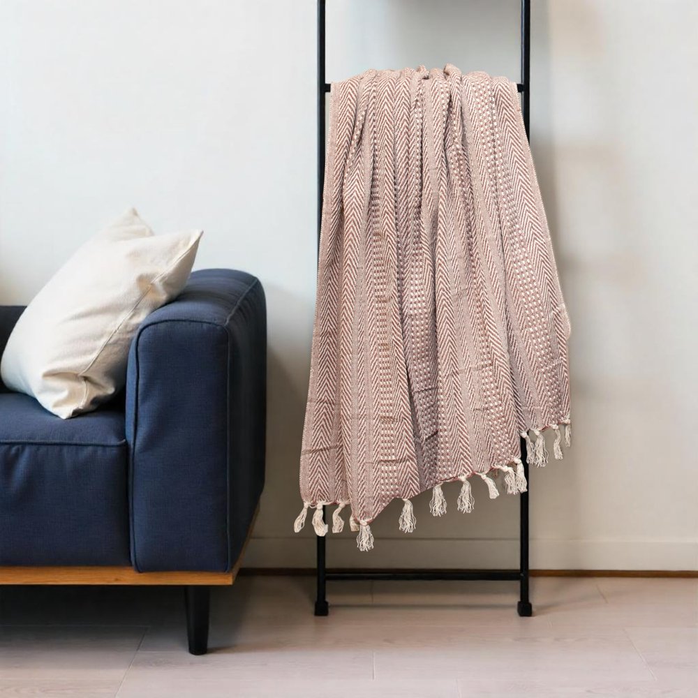 Brown and Beige Woven Herringbone Handloomed Throw HomeRoots