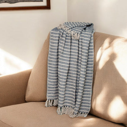 52" X 67" Blue and Gray Quilted Cotton Striped Throw Blanket