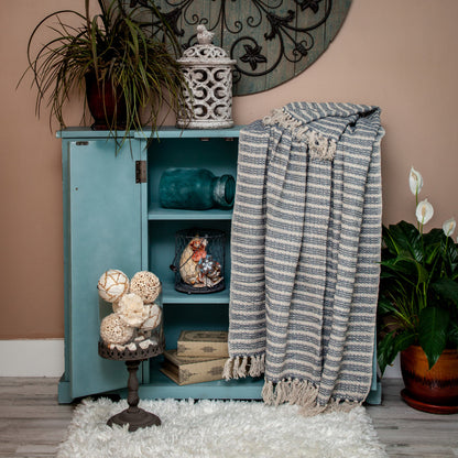 52" X 67" Blue and Gray Quilted Cotton Striped Throw Blanket