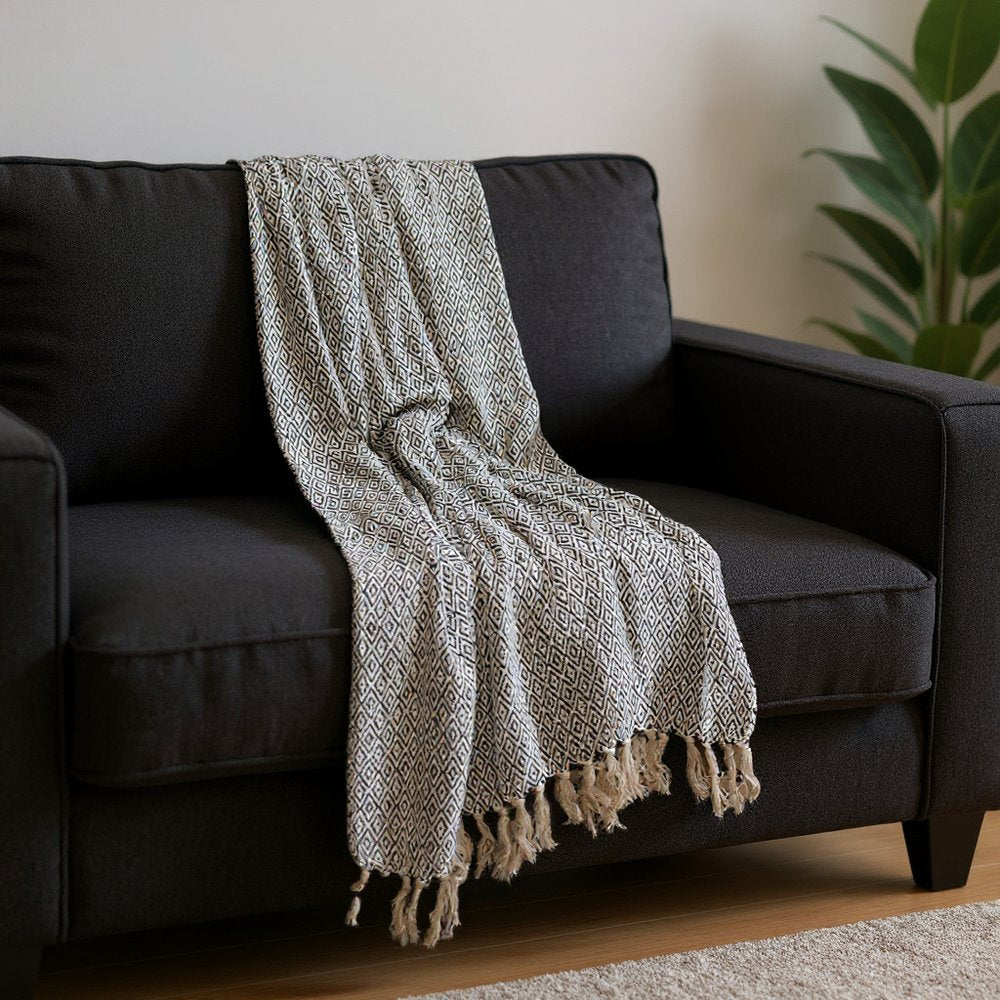 52" X 67" Black And Beige Geometric Diamond Throw Blanket with Tassels HomeRoots