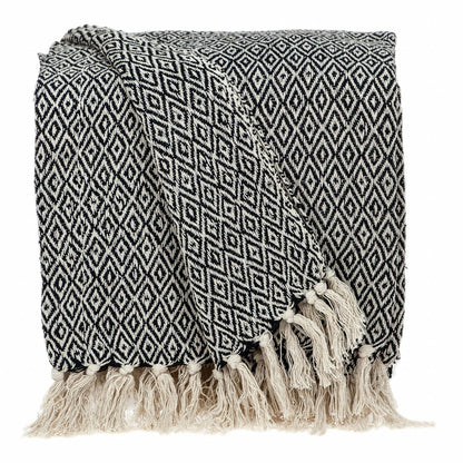 52" X 67" Black And Beige Geometric Diamond Throw Blanket with Tassels HomeRoots