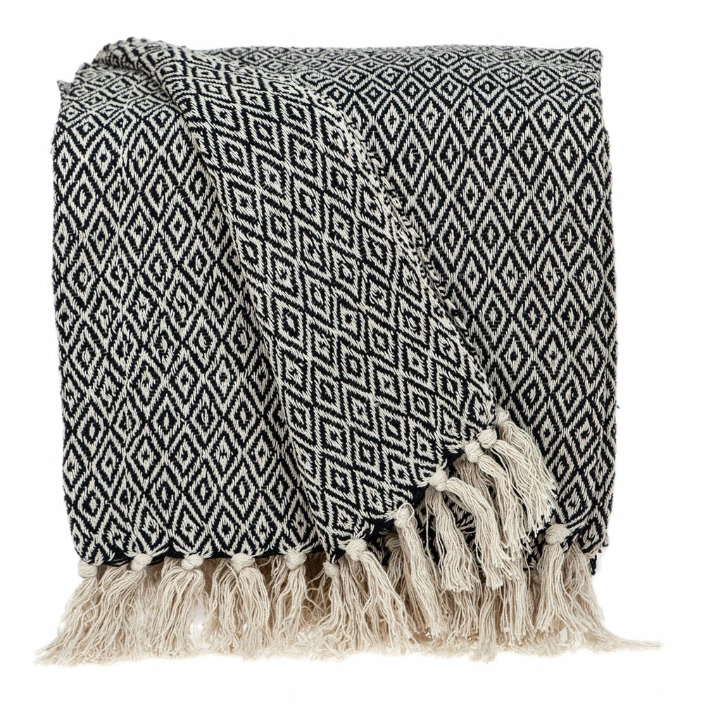 52" X 67" Black And Beige Geometric Diamond Throw Blanket with Tassels HomeRoots