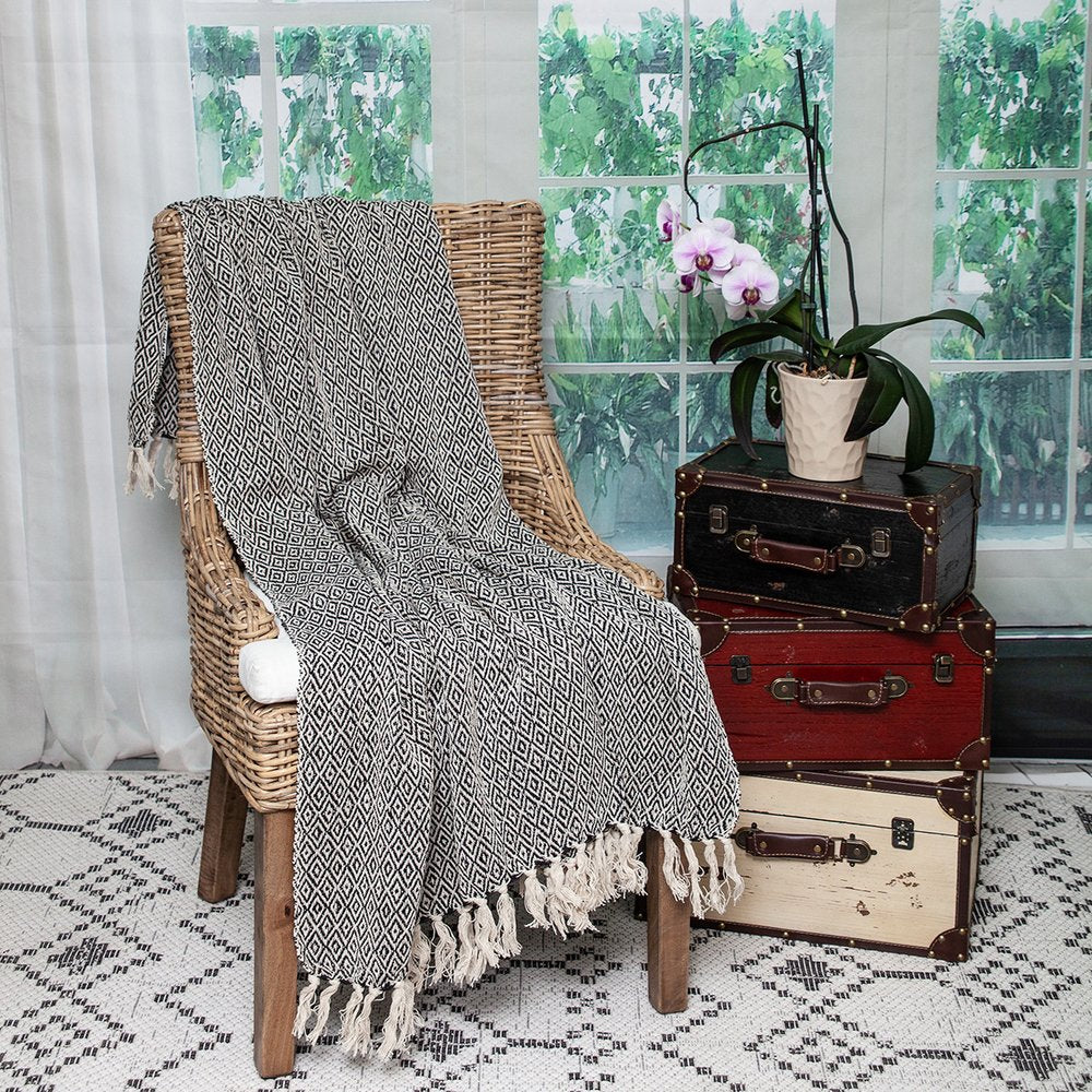 52" X 67" Black And Beige Geometric Diamond Throw Blanket with Tassels HomeRoots
