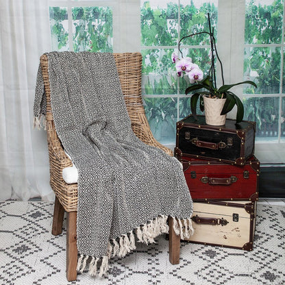 52" X 67" Black And Beige Geometric Diamond Throw Blanket with Tassels HomeRoots