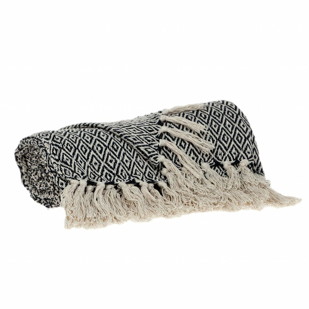 52" X 67" Black And Beige Geometric Diamond Throw Blanket with Tassels — view 2