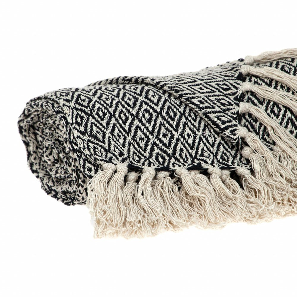 52" X 67" Black And Beige Geometric Diamond Throw Blanket with Tassels — view 3