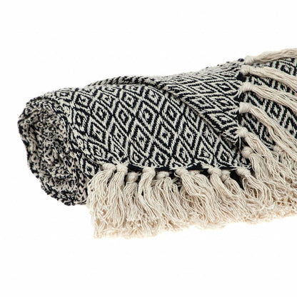 52" X 67" Black And Beige Geometric Diamond Throw Blanket with Tassels HomeRoots