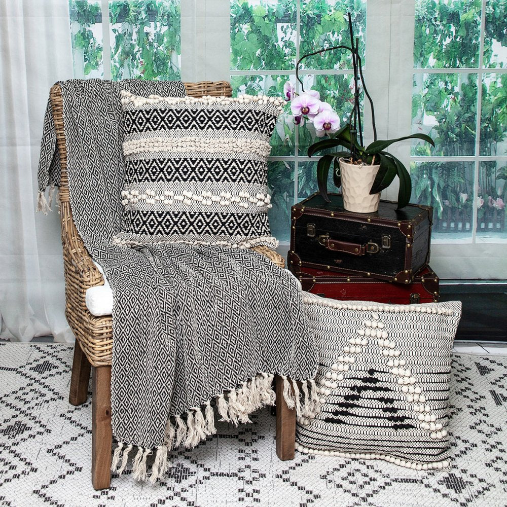 52" X 67" Black And Beige Geometric Diamond Throw Blanket with Tassels HomeRoots