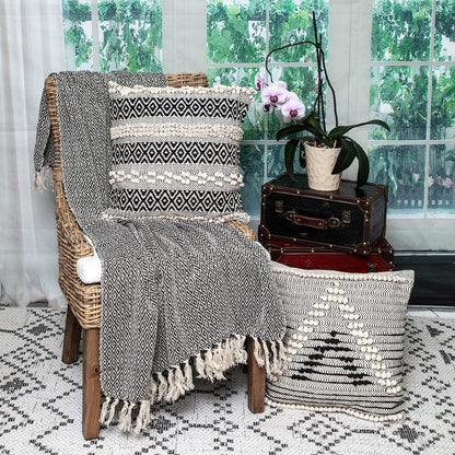 52" X 67" Black And Beige Geometric Diamond Throw Blanket with Tassels HomeRoots
