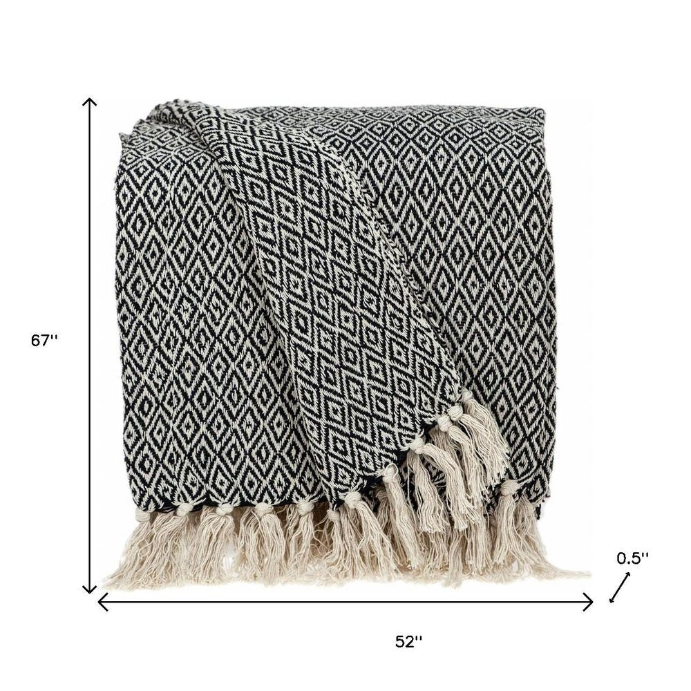 52" X 67" Black And Beige Geometric Diamond Throw Blanket with Tassels HomeRoots
