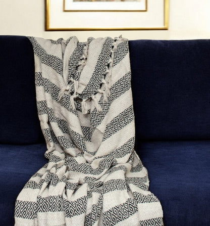 Black and Beige Diamond Weave Soft Cotton Handloom Throw HomeRoots
