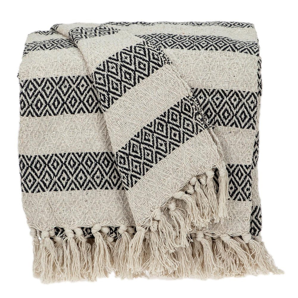 Black and Beige Diamond Weave Soft Cotton Handloom Throw HomeRoots