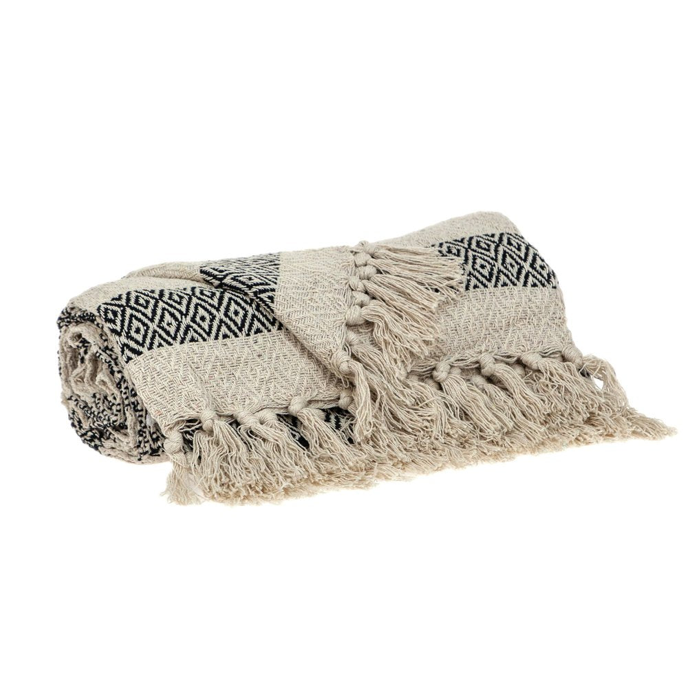 Black and Beige Diamond Weave Soft Cotton Handloom Throw HomeRoots