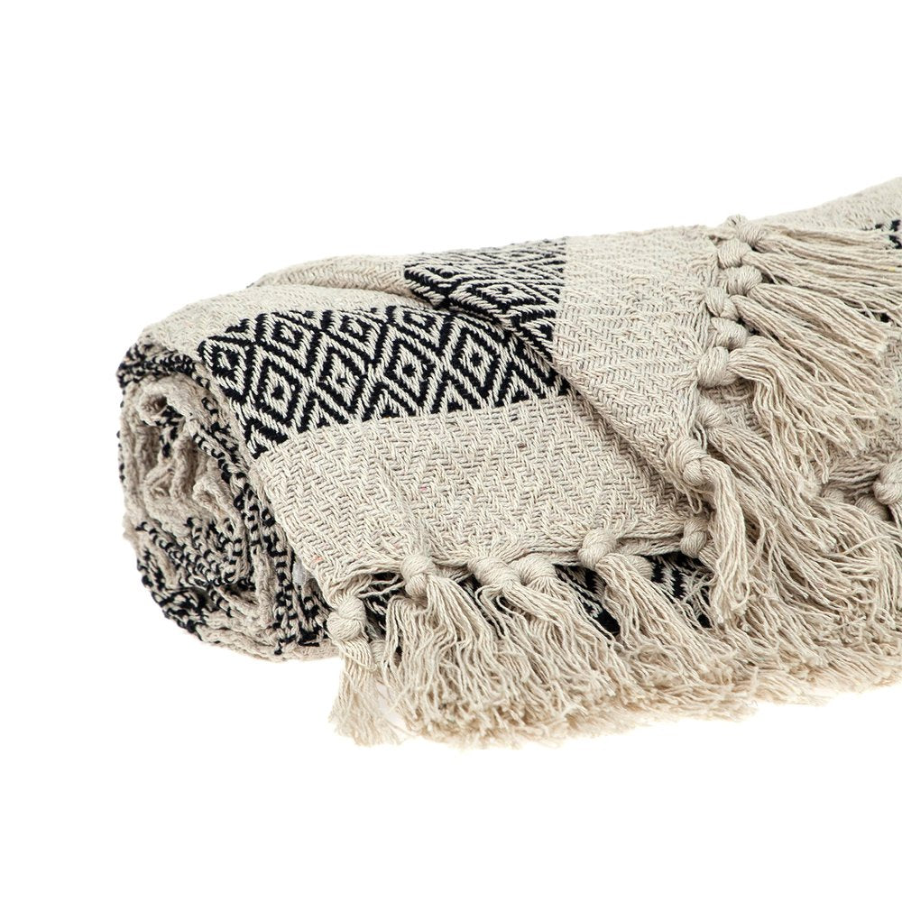 Black and Beige Diamond Weave Soft Cotton Handloom Throw HomeRoots
