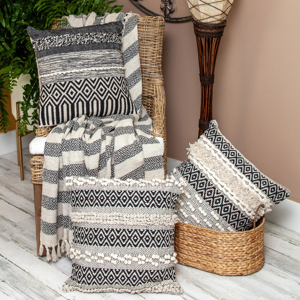 Black and Beige Diamond Weave Soft Cotton Handloom Throw HomeRoots