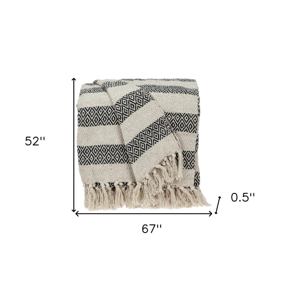Black and Beige Diamond Weave Soft Cotton Handloom Throw HomeRoots