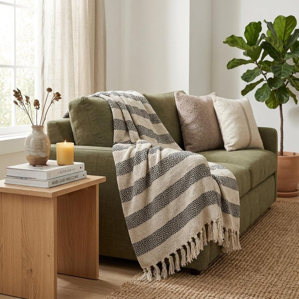 Black and Beige Diamond Weave Soft Cotton Handloom Throw — view 7