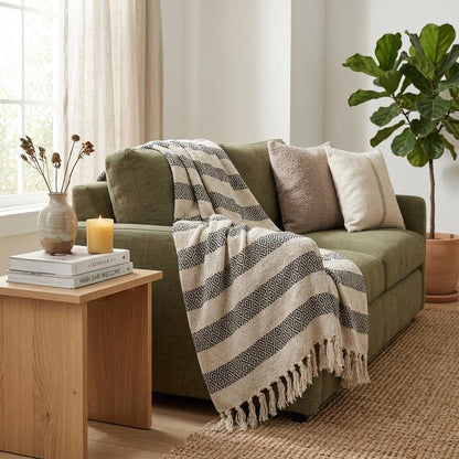 Black and Beige Diamond Weave Soft Cotton Handloom Throw HomeRoots