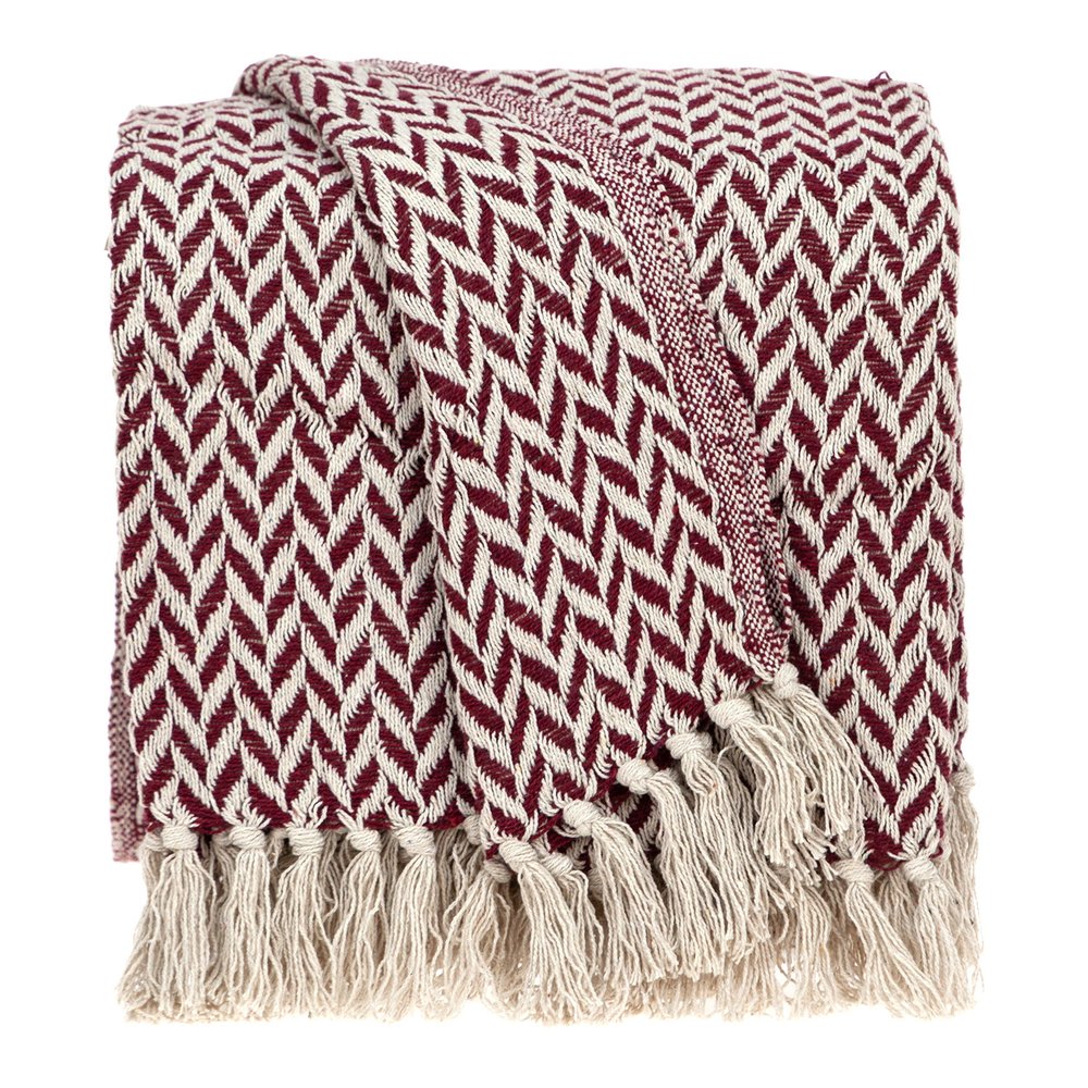 52" X 67" Burgundy And Ivory Cotton Woven Herringbone Throw Blanket with Tassels HomeRoots