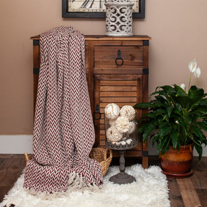 52" X 67" Burgundy And Ivory Cotton Woven Herringbone Throw Blanket with Tassels HomeRoots