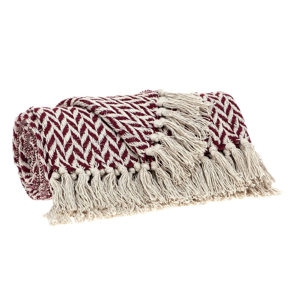 52" X 67" Burgundy And Ivory Cotton Woven Herringbone Throw Blanket with Tassels HomeRoots