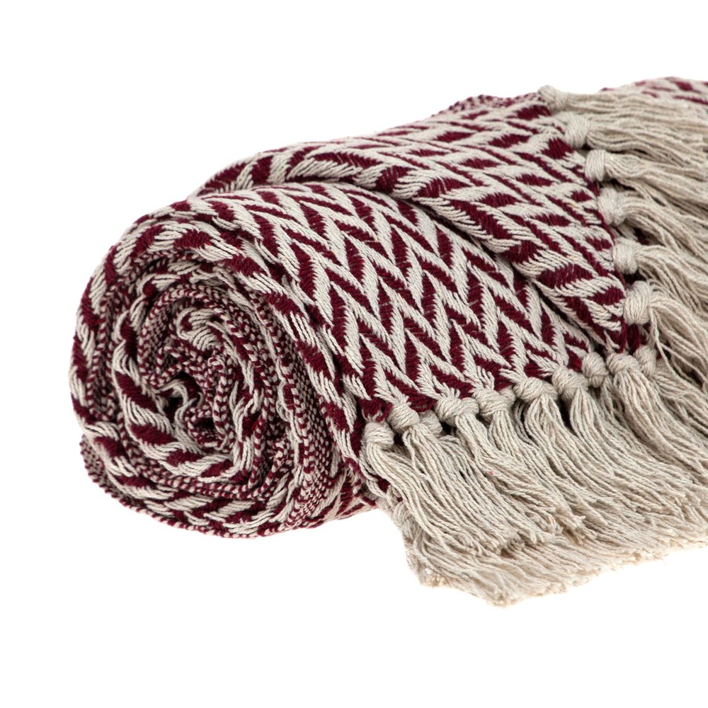 52" X 67" Burgundy And Ivory Cotton Woven Herringbone Throw Blanket with Tassels HomeRoots