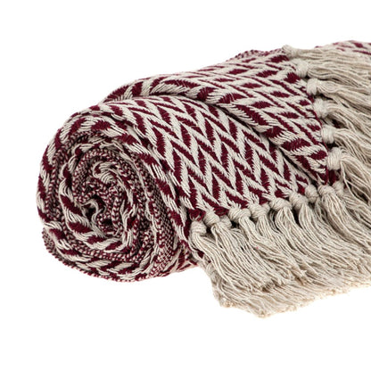 52" X 67" Burgundy And Ivory Cotton Woven Herringbone Throw Blanket with Tassels HomeRoots