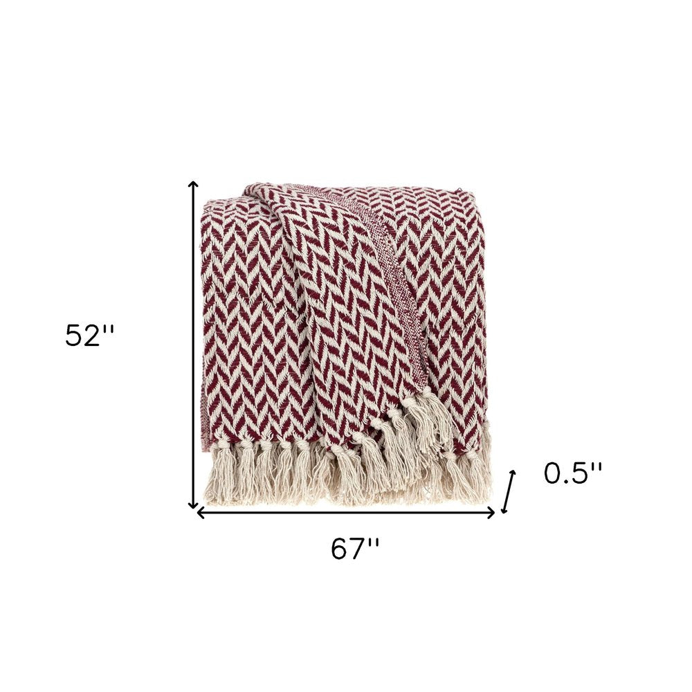 52" X 67" Burgundy And Ivory Cotton Woven Herringbone Throw Blanket with Tassels HomeRoots