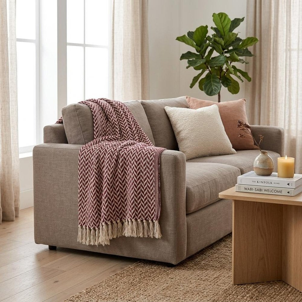 52" X 67" Burgundy And Ivory Cotton Woven Herringbone Throw Blanket with Tassels HomeRoots